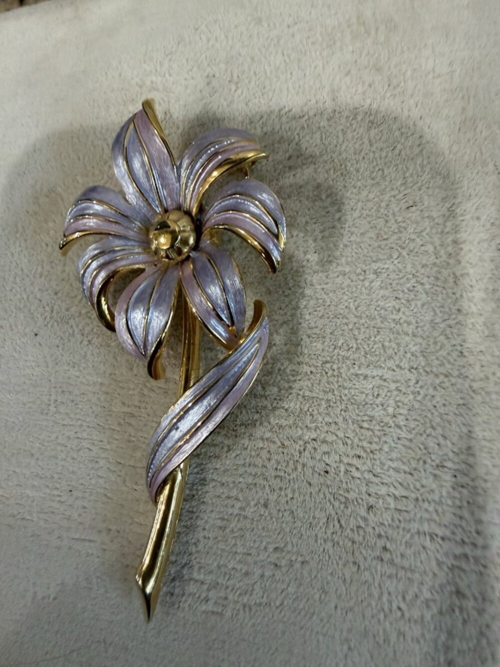 Vintage Lavender Enamel Flower Floral Brooch Pin Gold Tone 3.25”
